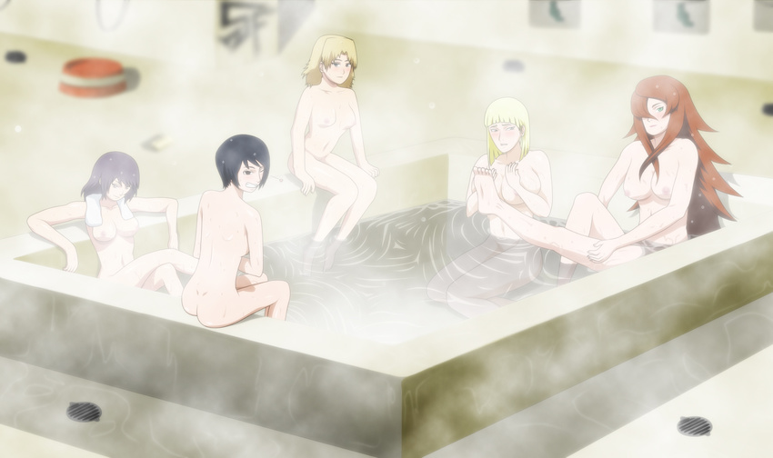 5girls areola areolae bath bathing black_eyes black_hair blonde_hair blush breasts brown_hair flat_chest green_eyes highres kurotsuchi kurotsuchi_(naruto) large_breasts mitarashi_anko multiple_girls naked naruto naruto_shippuuden nipples nude purple_hair samui short_hair small_breasts smile steam stiky_finkaz temari terumi_mei towel water wet wink