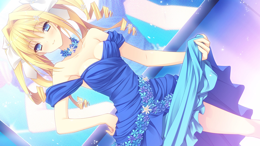 blonde_hair blue_dress blue_eyes breasts cleavage collarbone contrapposto dress dress_lift drill_hair dutch_angle flower game_cg hand_on_hip looking_at_viewer medium_breasts non-web_source off-shoulder_dress off_shoulder ribbon smile standing suzuhira_hiro tsuki_ni_yorisou_otome_no_sahou twintails ursule_fleur_jeanmaire