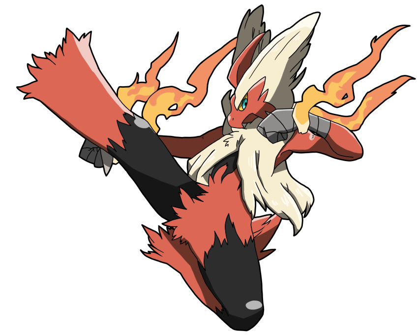 absurdres arms_up blaziken blue_eyes chizi clenched_hands creatures_(company) fire full_body furry game_freak gen_3_pokemon highres jumping kick leg_up mega_blaziken mega_pokemon nintendo no_humans pokemon pokemon_(creature) simple_background solo spread_legs white_background yellow_sclera