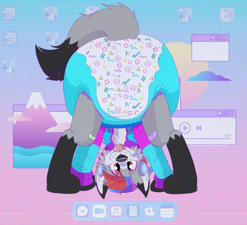 1990s_theme absurd_res all_fours ambiguous_gender anthro app apple_inc. backwards_baseball_cap backwards_hat band-aid band-aid_on_face band-aid_on_leg band-aid_on_nose bandage bandage_on_face bandage_on_nose baseball_cap black_body black_ear_tips black_fur black_nose black_tail_tip blue_band-aid blue_headphones butt butt_shot calculator canid canine canis clean_diaper clock clothed clothing cloud crt_effect detailed_background diaper dipstick_ears dipstick_tail ear_markings electronics facebook facebook_messenger facetime full-length_portrait fur green_band-aid grey_body grey_ears grey_fur grey_inner_ear hair hat headgear headphones headwear hi_res iconography jacket jupiters kota_(wittlewolfykota) leg_markings looking_at_viewer looking_back looking_back_at_viewer looking_back_through_legs mammal markings mountain multicolored_body multicolored_clothing multicolored_ears multicolored_fur multicolored_hat multicolored_jacket multicolored_topwear notes pattern_diaper portrait presenting presenting_diaper presenting_hindquarters purple_band-aid rear_view red_hair retro sea smile socks_(marking) solo spiral sun tail tail_markings telegram telegram_logo tongue tongue_out topwear two_tone_tail water wearing_diaper wearing_hat whisker_spots window_(computing) wolf