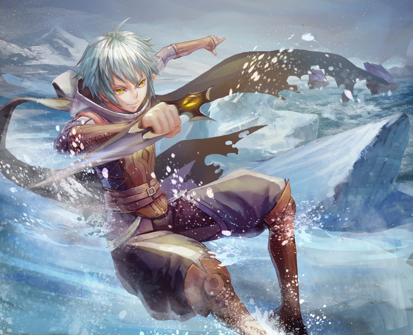 dagger highres male_focus pixiv_fantasia qian_qiu scarf snow solo weapon