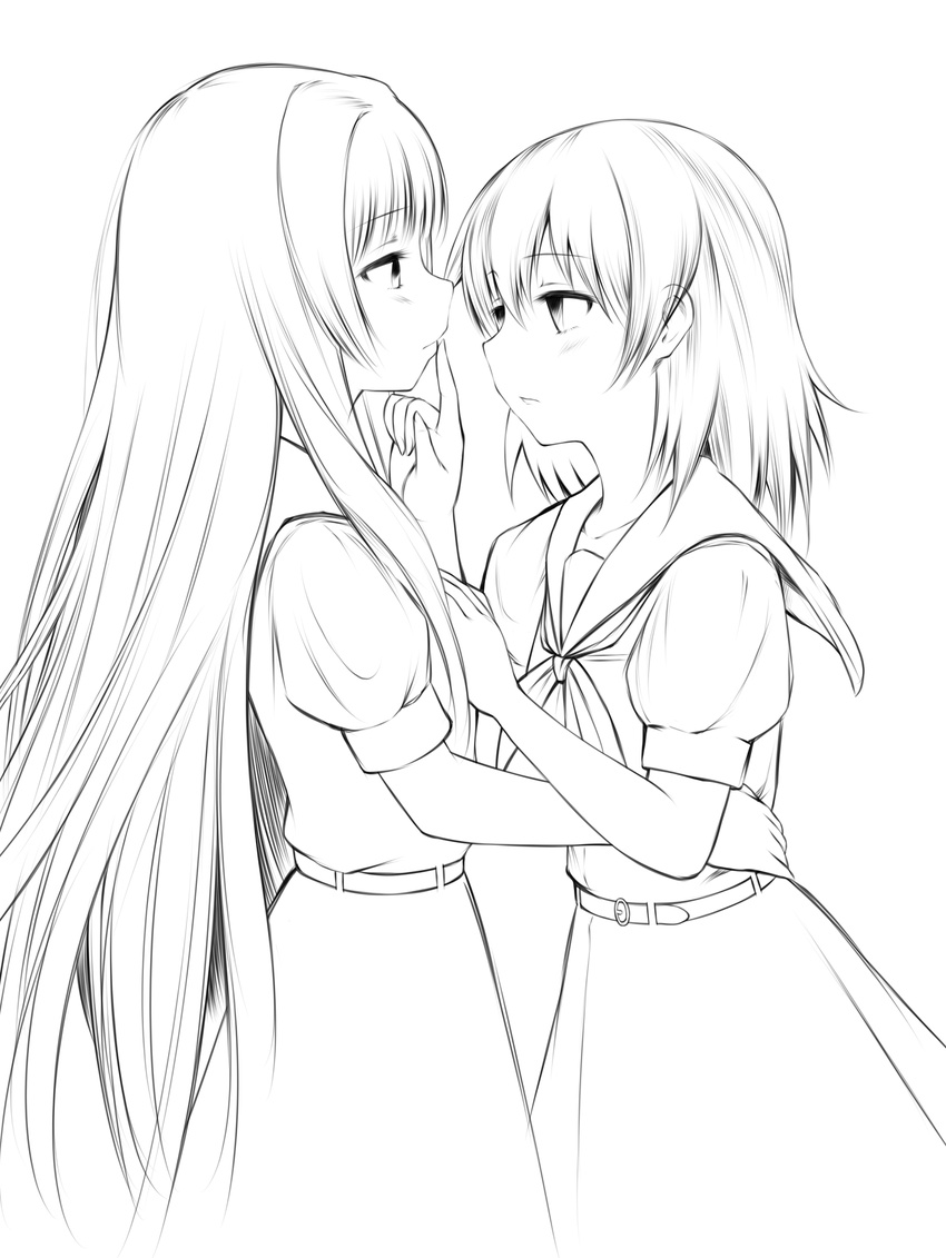 bad_id bad_pixiv_id couple finger_to_another's_mouth finger_to_mouth greyscale highres hirose_sumire lineart long_hair miyanaga_teru monochrome multiple_girls saki school_uniform shiraitodai_school_uniform short_hair suzushiro_yukari yuri
