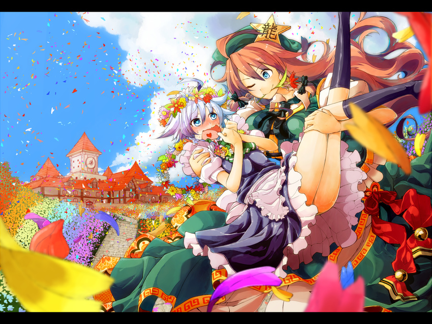 apron bell blue_eyes carrying confetti flower hat heart heart-shaped_pupils heart_in_mouth hokuto_(scichil) hong_meiling izayoi_sakuya letterboxed long_hair maid_headdress mouth_hold multiple_girls open_mouth princess_carry red_hair scarlet_devil_mansion short_hair silver_hair star sweat symbol-shaped_pupils touhou waist_apron yuri