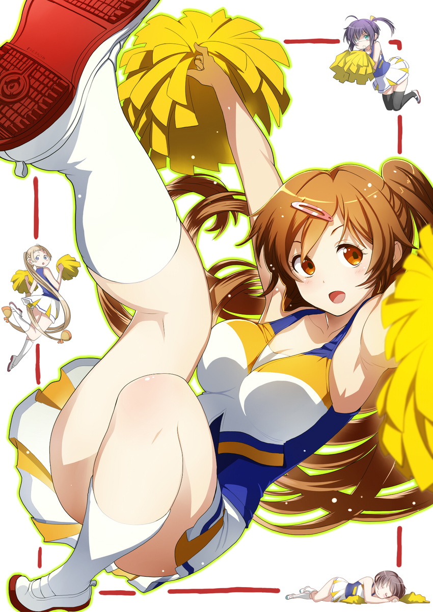 :d :o breasts brown_hair cheerleader chuunibyou_demo_koi_ga_shitai! closed_eyes dekomori_sanae eyepatch foreshortening hair_ornament hairclip highres large_breasts legs long_hair multiple_girls nibutani_shinka one_side_up open_mouth pom_poms shoes short_hair side_ponytail sleeping smile socks solo_focus takanashi_rikka tsuyuri_kumin twinpoo twintails uwabaki white_legwear