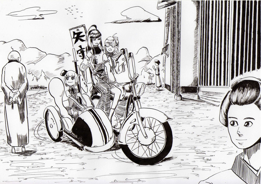 ahoge azibuda bob_cut detached_sleeves frog_hair_ornament goggles ground_vehicle hair_ornament hakama highres huge_ahoge japanese_clothes katana kochiya_sanae konpaku_youmu konpaku_youmu_(ghost) long_hair m.u.g.e.n monochrome motor_vehicle motorcycle multiple_girls nontraditional_miko old_man original riding sendai_hakurei_no_miko short_hair sidecar sidelocks sword touhou weapon