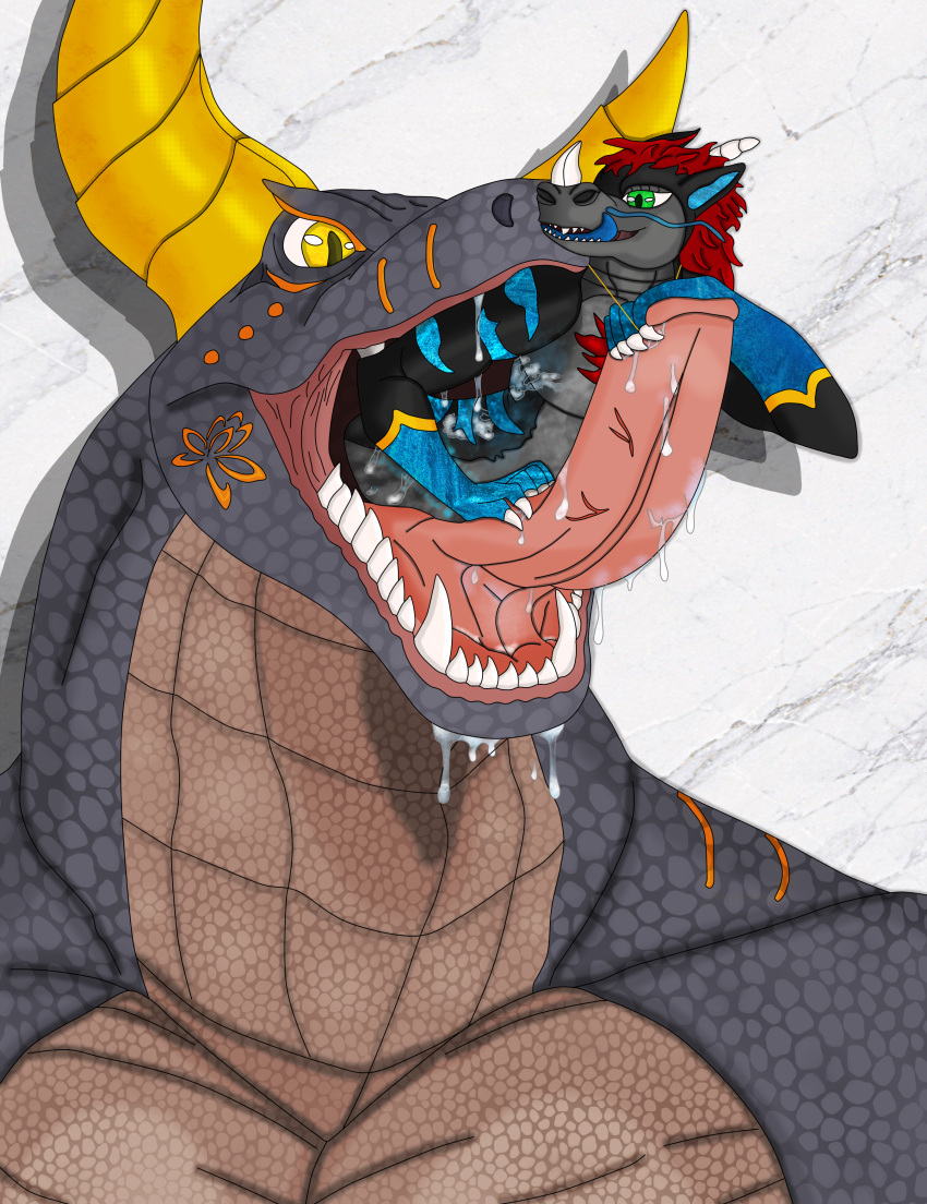 absurd_res andy_(kingmana) anthro bioluminescence black_body black_scales bodily_fluids chest_tuft dragon drooling duo fangs glowing green_eyes hair hi_res horn kingmana large_tongue male male/male mouth_shot mythological_creature mythological_scalie mythology neck_bulge open_mouth red_hair saliva scales scalie stripes teeth tongue tongue_licking tongue_out tuft vore whiskers yellow_eyes