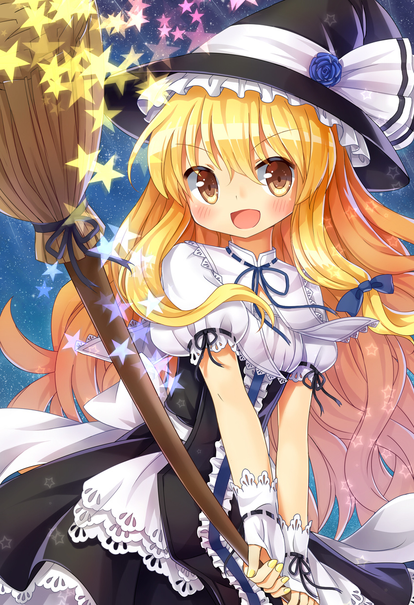 :d blonde_hair blush bow broom brown_eyes dress hair_bow hat highres kirisame_marisa long_hair nail_polish open_mouth silver15 smile solo star touhou v-shaped_eyebrows witch_hat yellow_eyes