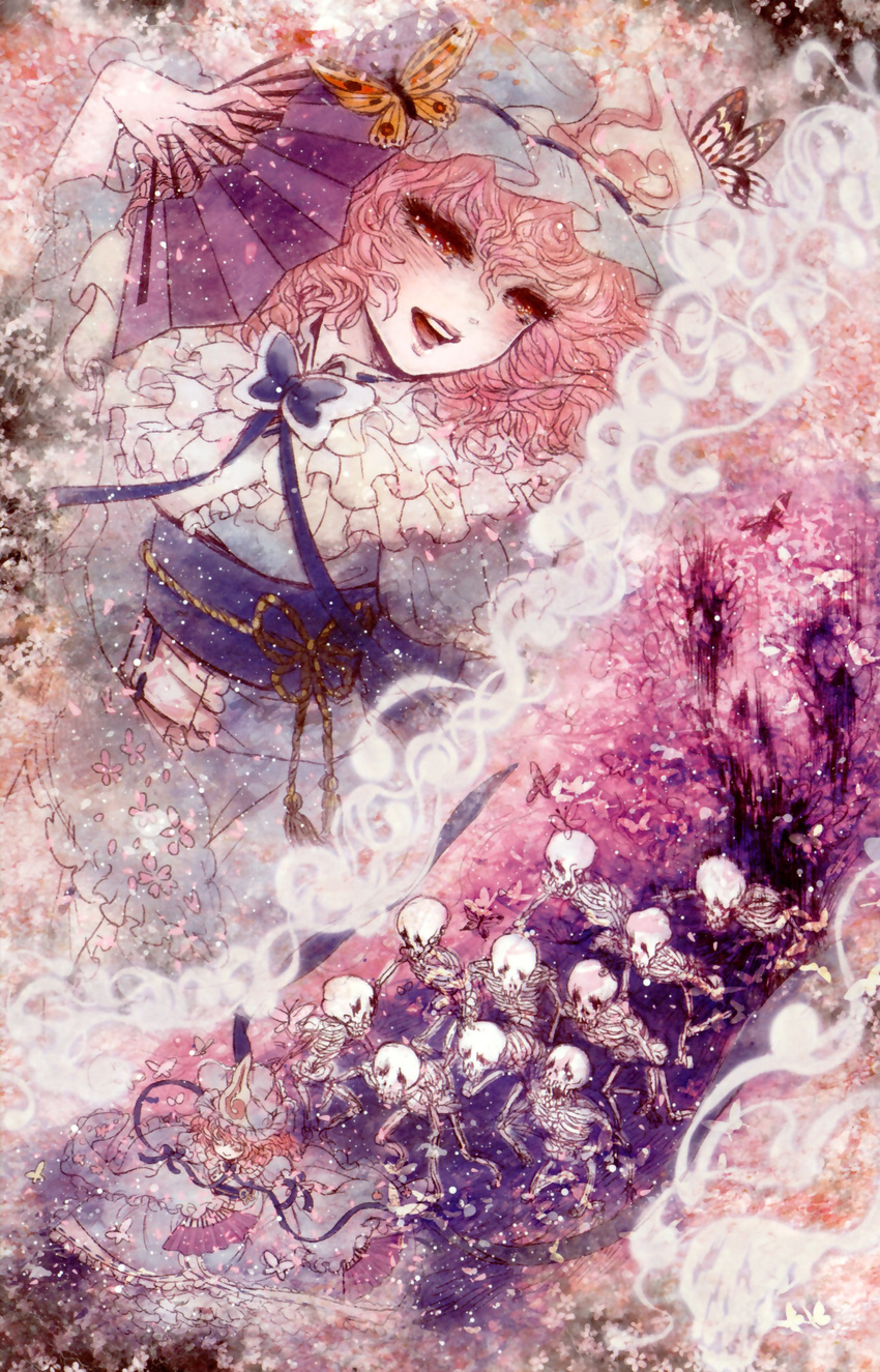 absurdres bug butterfly cherry_blossoms comic doujinshi fan folding_fan hat highres insect lips lipstick makeup open_mouth pink_hair saigyouji_yuyuko scan short_hair silent_comic skeleton solo takatora touhou