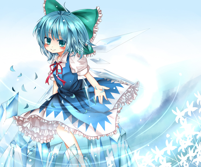blue_eyes blue_hair bow cirno dress flower hair_bow ice ice_wings looking_at_viewer oumi_hi puffy_sleeves ribbon short_hair short_sleeves smile solo touhou wings