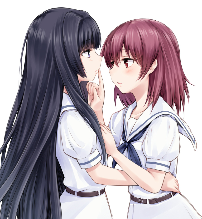 belt black_eyes black_hair couple finger_to_another's_mouth finger_to_mouth hand_on_another's_hip highres hirose_sumire long_hair miyanaga_teru multiple_girls red_eyes red_hair saki school_uniform shiraitodai_school_uniform short_hair simple_background suzushiro_yukari white_background yuri