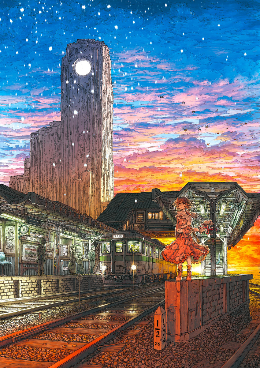 3boys absurdres bad_id bad_pixiv_id boots cane chair cloud dress facial_hair ground_vehicle hat highres multiple_boys multiple_girls mustache original railroad_tracks red_sky scarf scenery short_hair sky standing sumashi train train_station