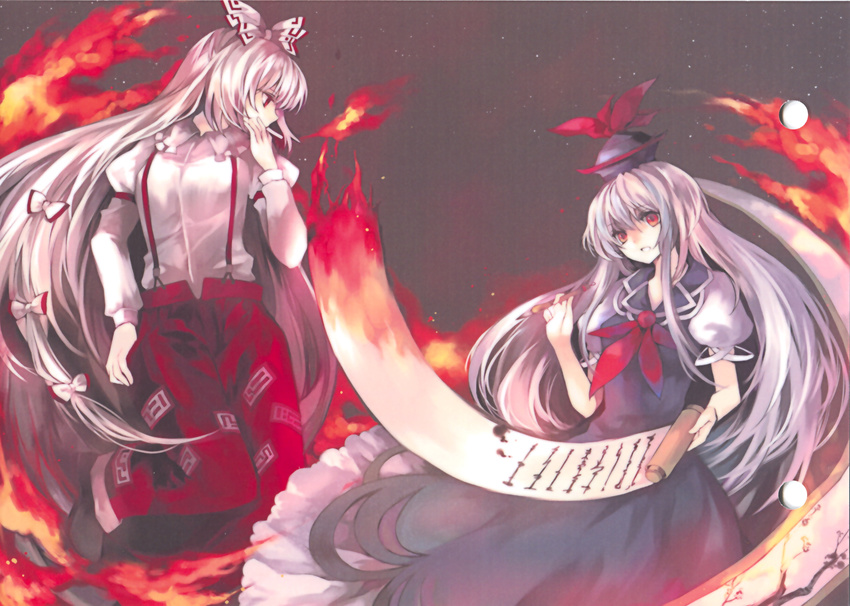 bow brush cigarette covering_mouth fire from_side fujiwara_no_mokou hair_bow hair_ribbon hat highres hina_(pico) ink kamishirasawa_keine long_hair multiple_girls ribbon scan scroll silver_hair smoking touhou tress_ribbon