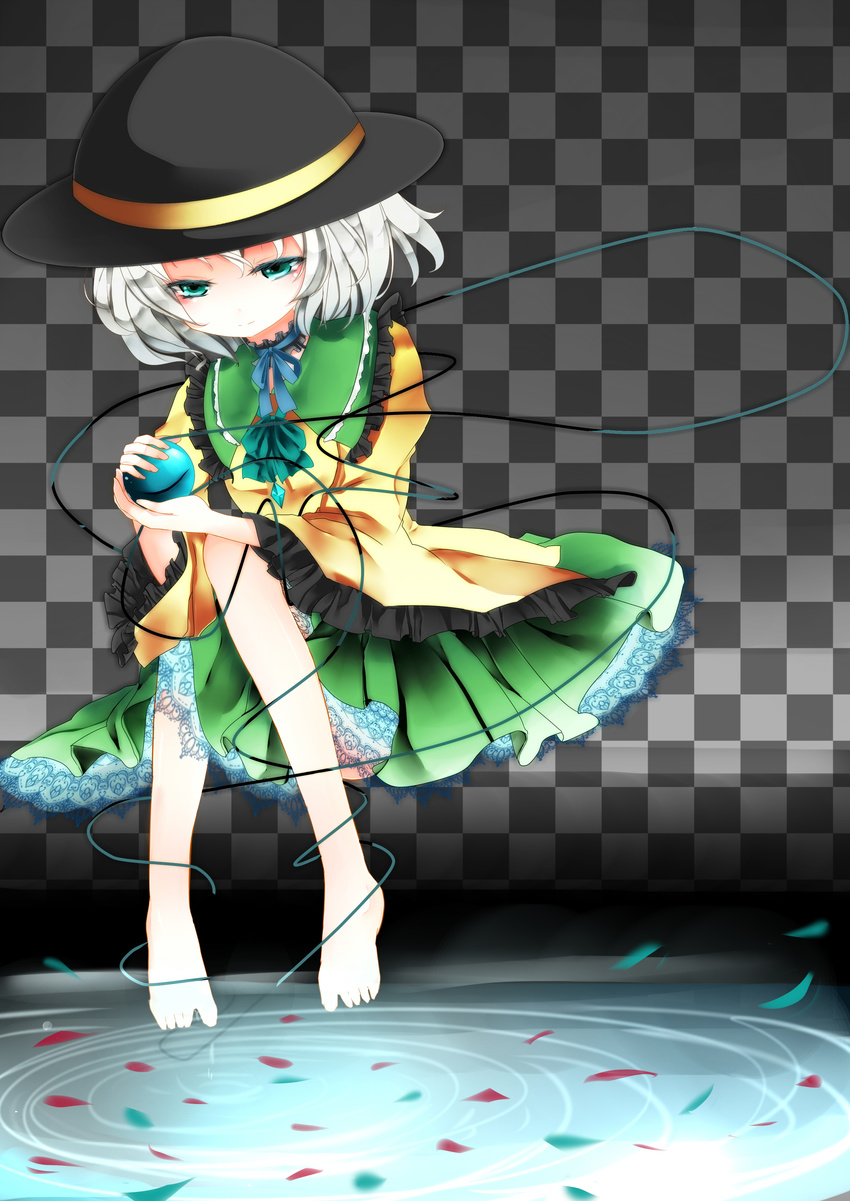 absurdres barefoot blush bow checkered checkered_background choker green_eyes hat highres komeiji_koishi long_sleeves oumi_hi petals ribbon ripples short_hair silver_hair skirt smile solo sun_hat third_eye touhou water wide_sleeves