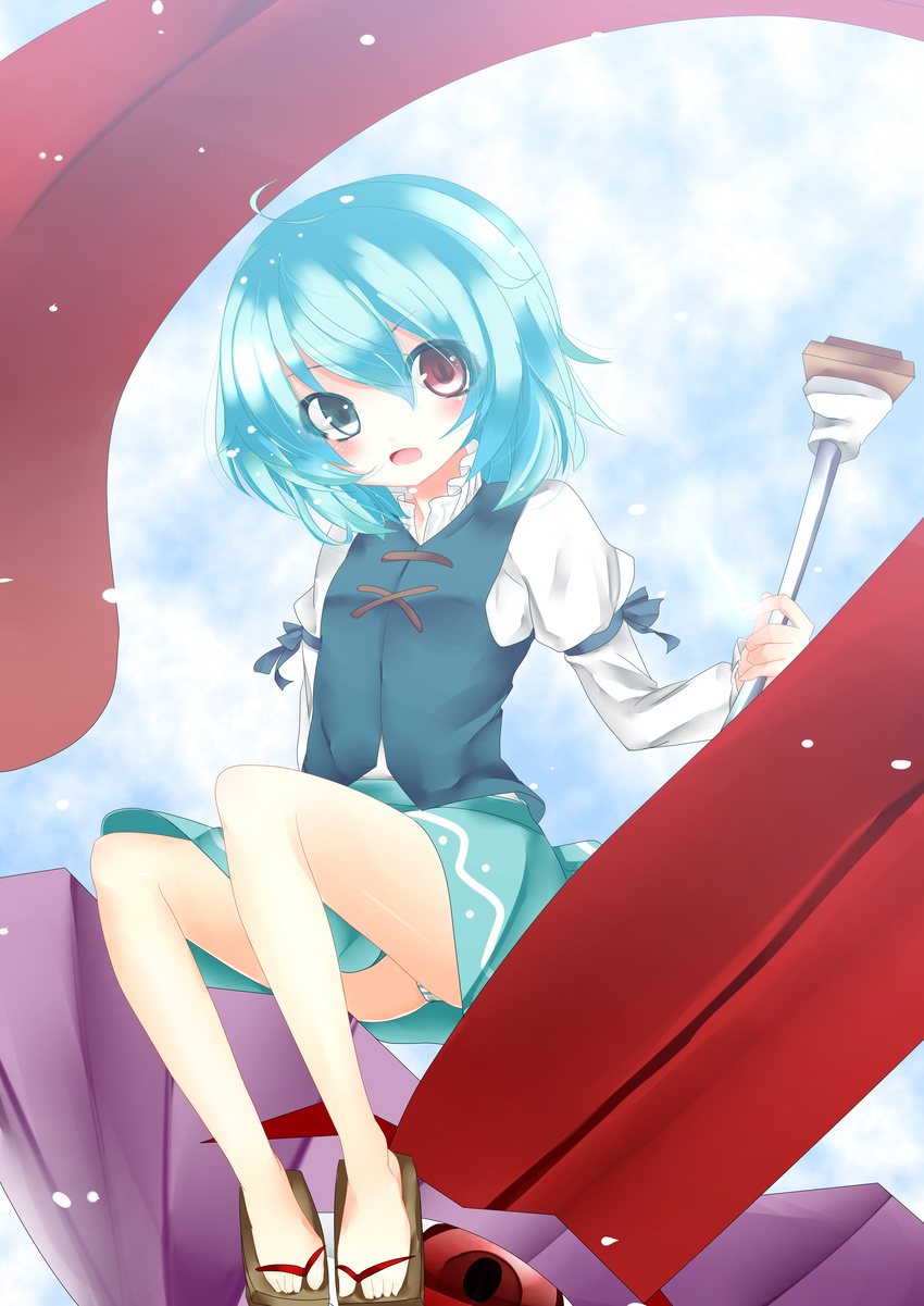 absurdres blue_eyes blue_hair cloud heterochromia highres karakasa_obake open_mouth oumi_hi panties purple_umbrella red_eyes short_hair skirt solo striped striped_panties tatara_kogasa tongue touhou umbrella underwear