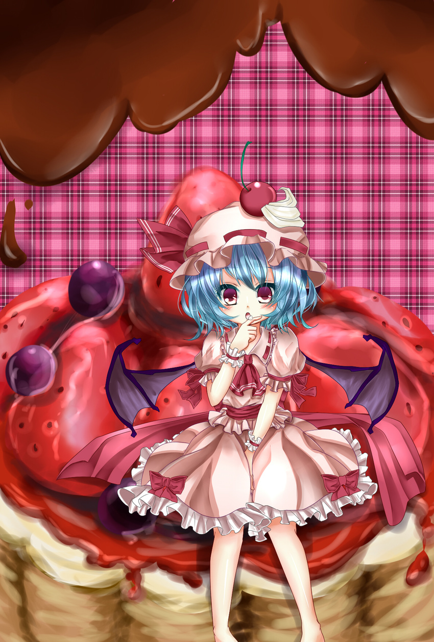 ascot bat_wings blue_hair cherry cream eating food fruit fudge hat hat_ribbon highres ice_cream open_mouth oumi_hi red_eyes remilia_scarlet ribbon short_hair solo touhou wings wrist_cuffs