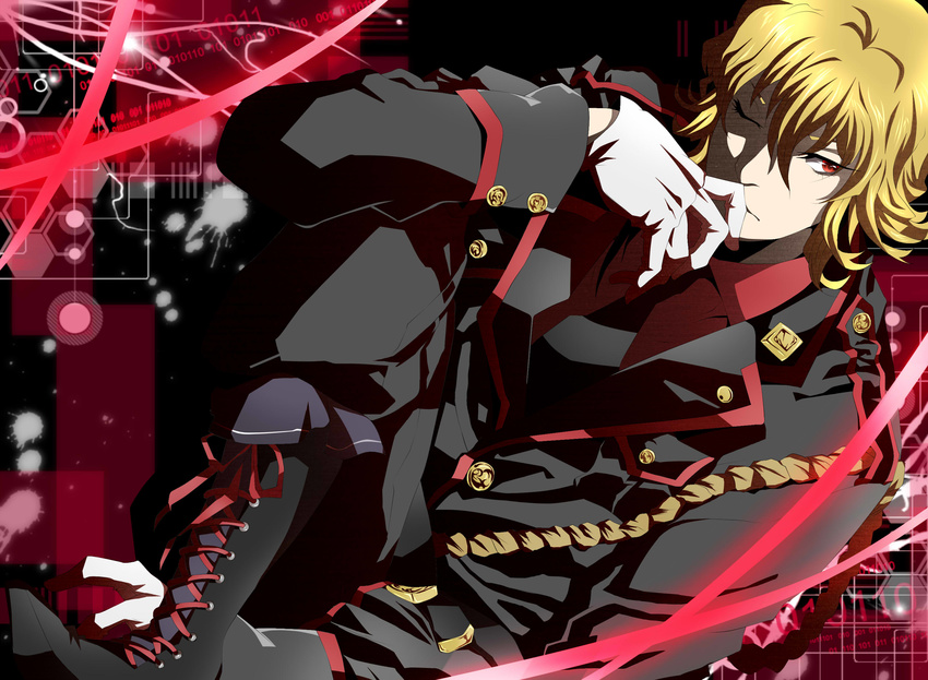 bad_id bad_pixiv_id barnaby_brooks_jr blonde_hair boots buttons gloves highres male_focus military military_uniform one_eye_closed red_eyes sanadanobusige solo tiger_&amp;_bunny uniform white_gloves
