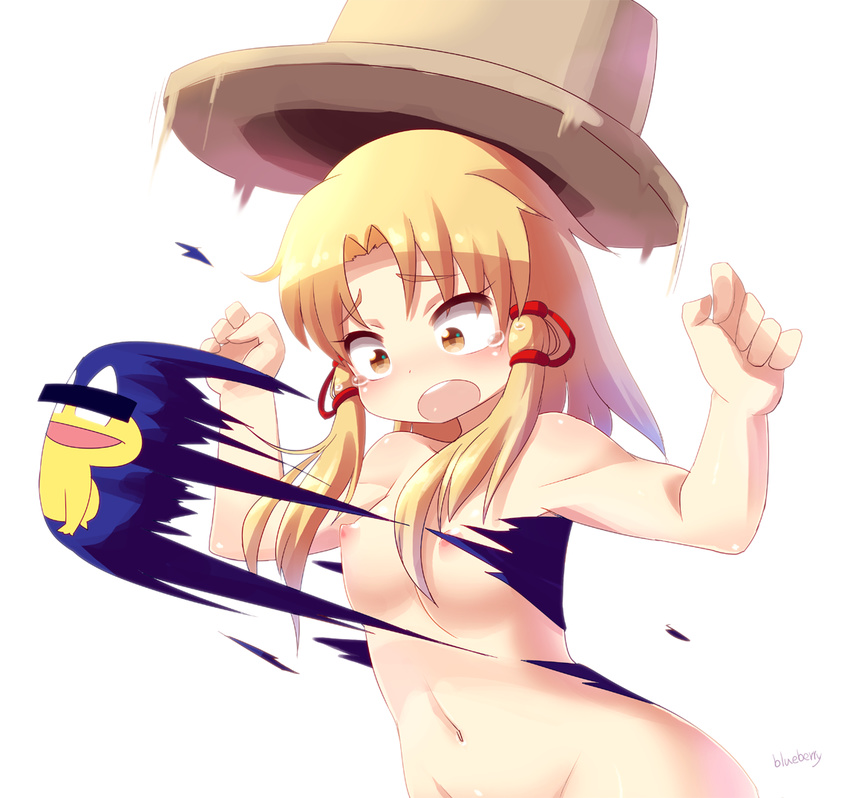 artist_name assisted_exposure blonde_hair blueberry_(5959) blush breasts constricted_pupils groin hair_ribbon hat medium_breasts moriya_suwako navel nipples nude open_mouth ribbon shirt short_hair sidelocks signature solo surprised tears torn_clothes torn_shirt touhou white_background yellow_eyes