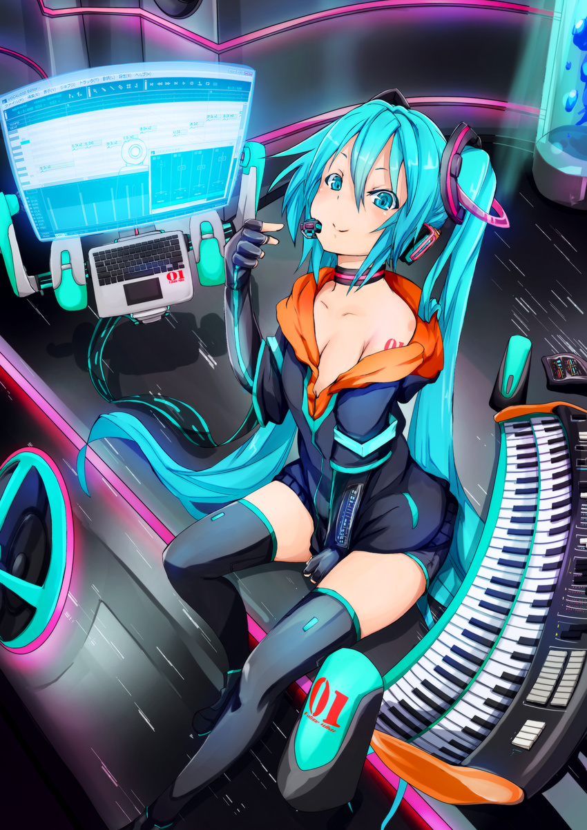 aqua_eyes aqua_hair computer elbow_gloves fingerless_gloves fu-ta gloves hatsune_miku highres holographic_monitor instrument keyboard_(instrument) long_hair sitting smile solo thighhighs twintails very_long_hair vocaloid