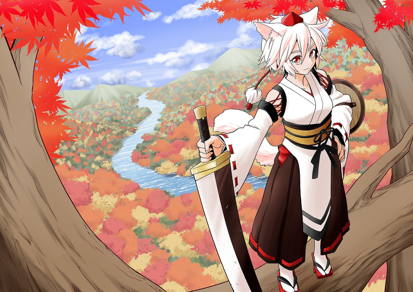 animal_ears buckler detached_sleeves fuuzasa geta hat inubashiri_momiji kourindou_tengu_costume looking_at_viewer river scenery shield short_hair solo sword tail tengu-geta tokin_hat touhou tree weapon white_hair wide_sleeves wolf_ears wolf_tail youkai_mountain