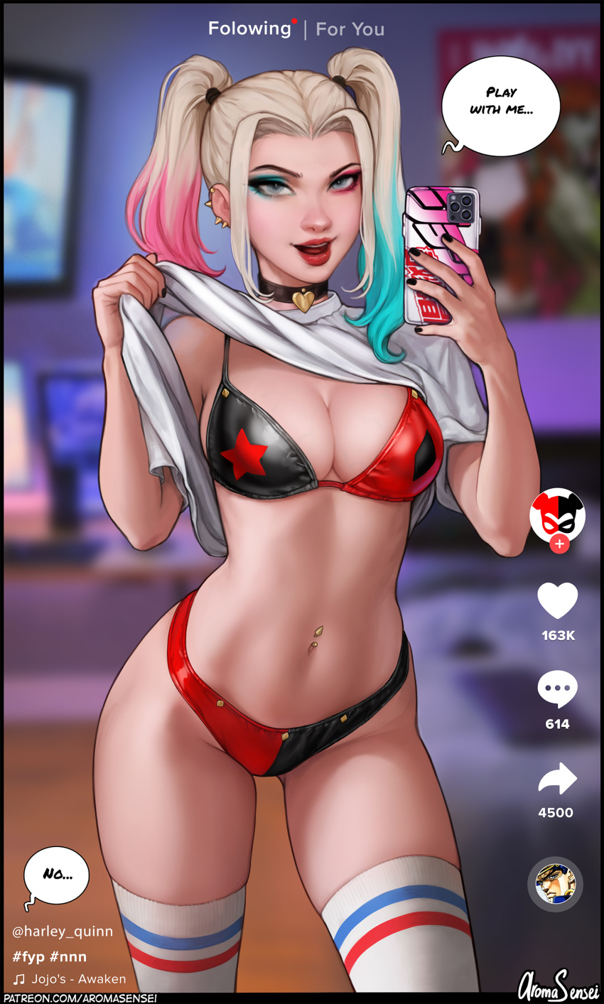 1girl absurdres aroma_sensei bangs batman_symbol bedroom bikini bikini_under_clothes blonde_hair blue_eyes breasts cellphone choker cleavage clothes_lift collar dc_comics ear_piercing harley_quinn high_heels highres large_breasts lips lipstick makeup multicolored_clothes multicolored_hair nail_polish naughty_face navel navel_piercing no_pants open_mouth parted_bangs phone piercing pink_hair poison_ivy poster_(object) raised_eyebrows red_lips selfie shirt shirt_lift skindentation speech_bubble speed_lines swimsuit t-shirt thick_lips thighhighs thighs twintails