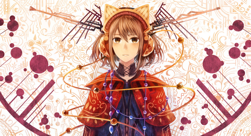 abstract_background animal_ears bangs bow brown_eyes brown_hair cable capelet cat_ear_headphones cat_ears cloak cross-laced_clothes expressionless hair_between_eyes hair_bow headgear headphones highres jewelry long_sleeves necklace orange_bow original parted_lips sakimori_(hououbds) shawl short_hair simple_background sphere swept_bangs upper_body