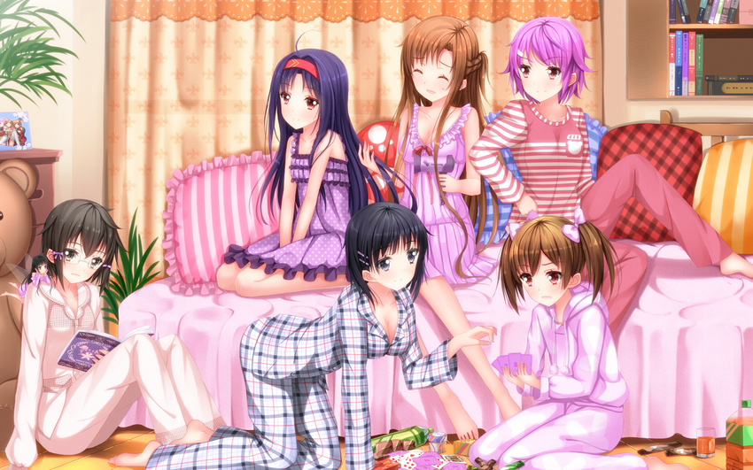 :d asada_shino asuna_(sao) barefoot bed black_eyes black_hair book bottle breasts brown_eyes brown_hair card cleavage curtains dress fairy food glasses hair_dryer hair_ornament hairband hairclip highres holding hood hoodie kirigaya_suguha lisbeth long_hair long_legs looking_at_viewer loungewear medium_breasts minigirl multiple_girls nightgown open_mouth pajamas pillow pink_hair plaid playing_card purple_eyes short_hair silica sitting sleepwear smile striped sword_art_online swordsouls twintails wings yui_(sao) yui_(sao-alo) yuuki_(sao)