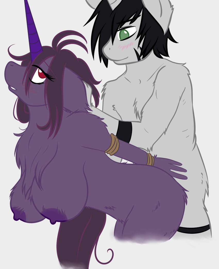 anthro bdsm black_hair blush bondage bound chest_tuft equine female fur green_eyes hair hi_res horn horse male mammal my_little_pony patchouli_kush pony pulling_hair purple_body purple_hair red_eyes rope sex sleepymomo straight tuft unicorn