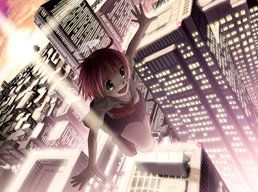 1boy 1girl arms_spread building cityscape cloud doraemon doraemon_(character) flying kainushi open_mouth outstretched_arms red_hair scenery school_uniform short_hair sign sky skyscraper smile spread_arms sunset takecopter