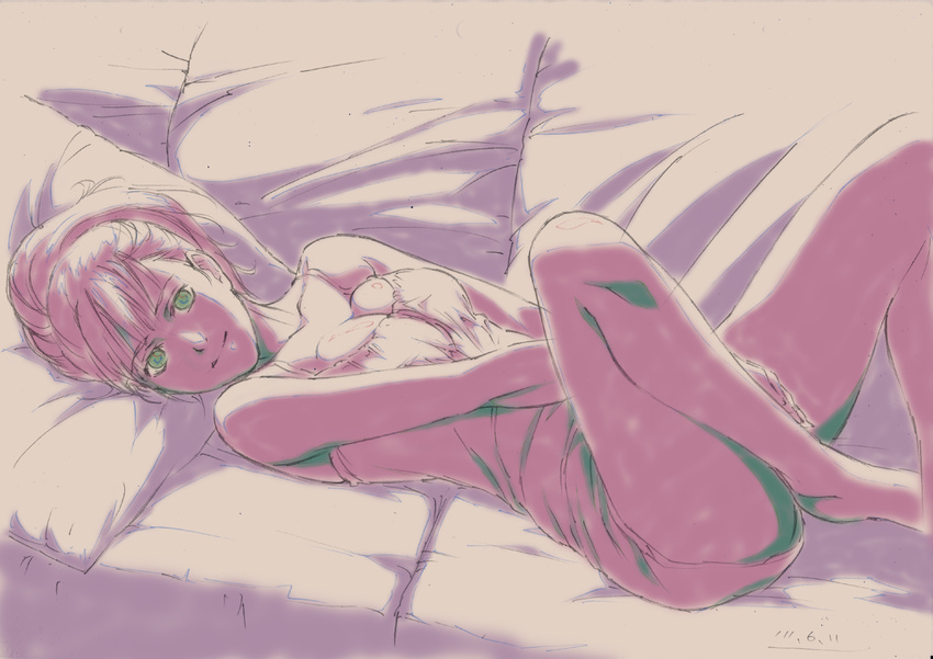 bare_shoulders barefoot breasts cleavage copyright_request couch dated graphite_(medium) green_eyes judasjen legs_up light_smile long_hair looking_at_viewer lying medium_breasts mixed_media nightgown on_back on_bed pillow pink solo traditional_media v_arms
