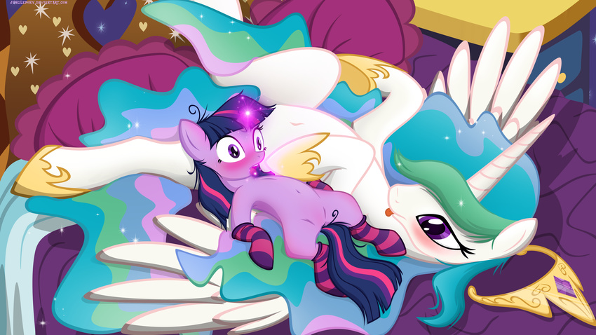 bed blush crown duo equine female feral friendship_is_magic glowing hi_res horn horse junglepony lesbian magic mammal my_little_pony pony princess princess_celestia_(mlp) royalty socks tongue tongue_out twilight_sparkle_(mlp) unicorn winged_unicorn wings