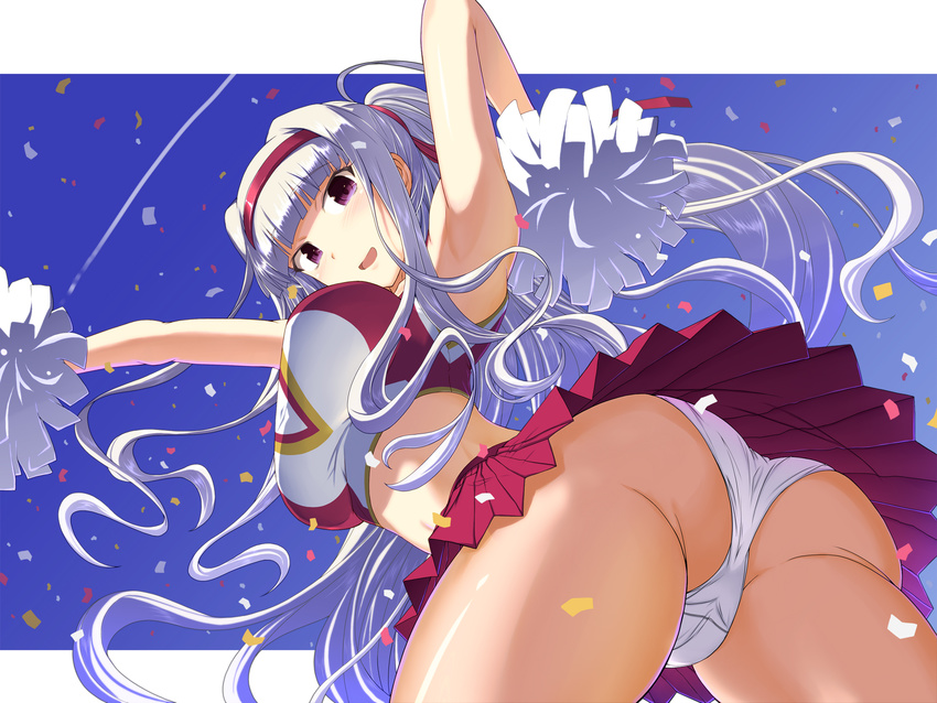 ass breasts cheerleader confetti crop_top emanon123 from_below hairband highres idolmaster idolmaster_(classic) large_breasts long_hair looking_at_viewer midriff panties pantyshot pleated_skirt pom_poms purple_eyes shijou_takane silver_hair skirt smile solo thighs underwear upskirt white_panties