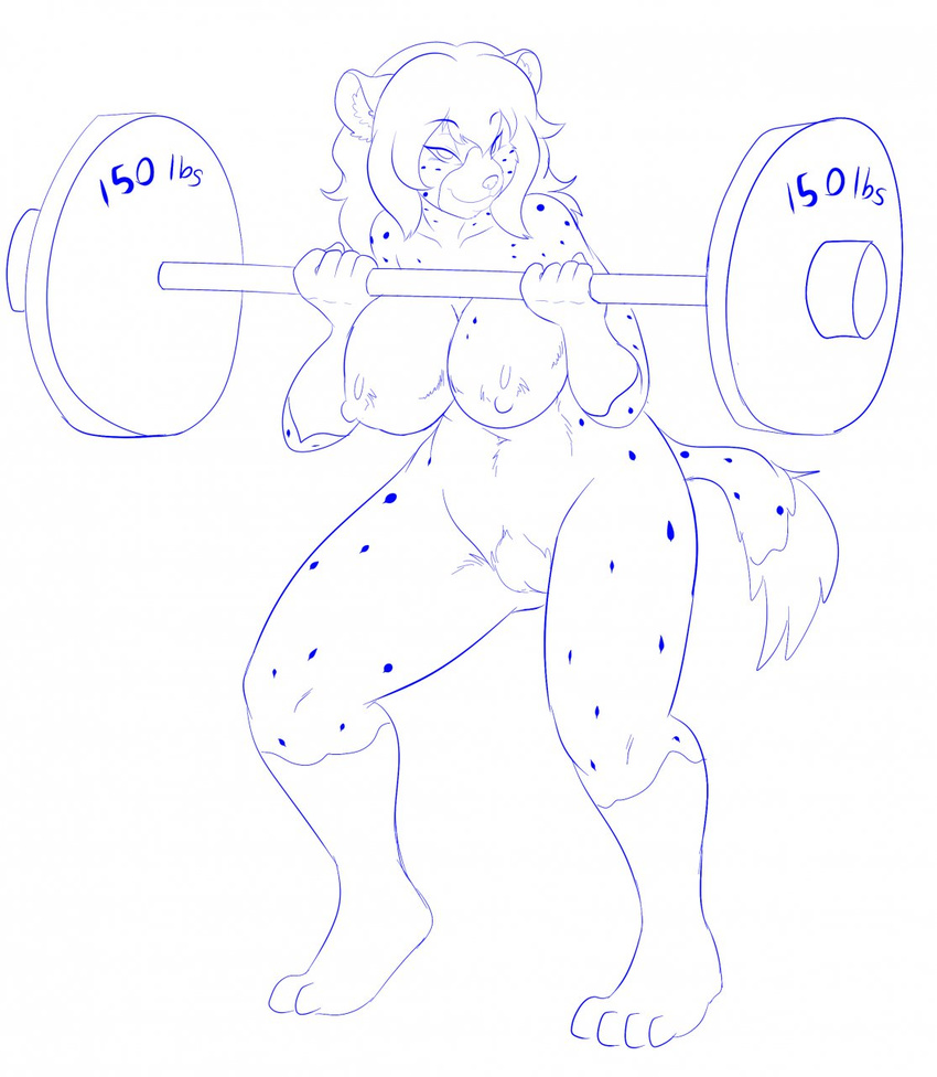 adeola_oshodi barefoot big_breasts breasts exercise female hair hindpaw hyena long_hair looking_at_viewer mammal markings monochrome muscles muscular_female nipples nude paws plain_background pubes sketch skidd socks_(marking) solo spots spotted_hyena toes voluptuous weightlifting weights white_background wide_hips workout