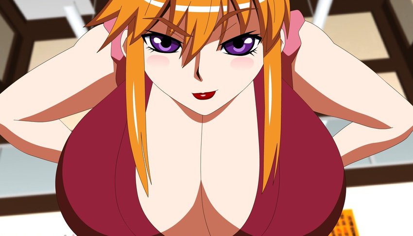blush breasts diva_mizuki gravion highres huge_breasts jyubei large_breasts orange_hair purple_eyes sexy smile tachibana_mizuki