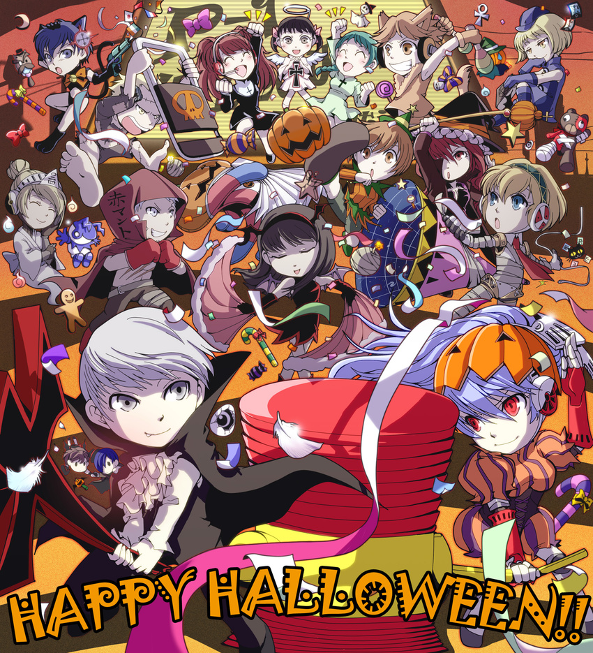 6+girls aegis_(persona) amagi_yukiko android angel_wings animal_ears aqua_hair bat_wings bell bell_collar black_hair blonde_hair blue_eyes blue_hair brown_eyes brown_hair candy cat_ears cat_tail choker collar doujima_nanako elizabeth_(persona) everyone female_protagonist_(persona_3) food ghost grey_eyes grey_hair hair_over_one_eye hairband halloween hanamura_yousuke happy_halloween hat head_wings headphones highres jack-o'-lantern jack_frost kirijou_mitsuru kujikawa_rise kuma_(persona_4) labrys long_hair mallet multiple_boys multiple_girls mummy narukami_yuu nun persona persona_3 persona_3_portable persona_4 persona_4:_the_ultimate_in_mayonaka_arena pyro_jack red_eyes red_hair ribbon ribbon_choker sanada_akihiko satonaka_chie shirogane_naoto short_hair smile tail tatsumi_kanji tokiwa_(mukoku) triangular_headpiece unit_#024 vampire weapon white_hair wings witch_hat yamagishi_fuuka yuuki_makoto