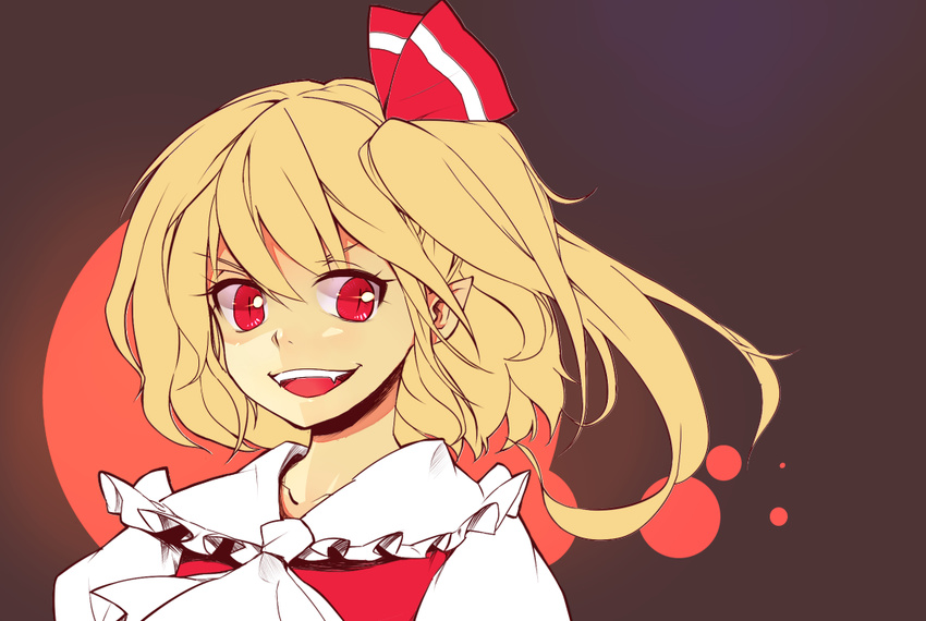 :d blonde_hair face flandre_scarlet no_hat no_headwear open_mouth peninsula_(disappearedstump) pointy_ears red_eyes short_hair side_ponytail slit_pupils smile solo touhou v-shaped_eyebrows