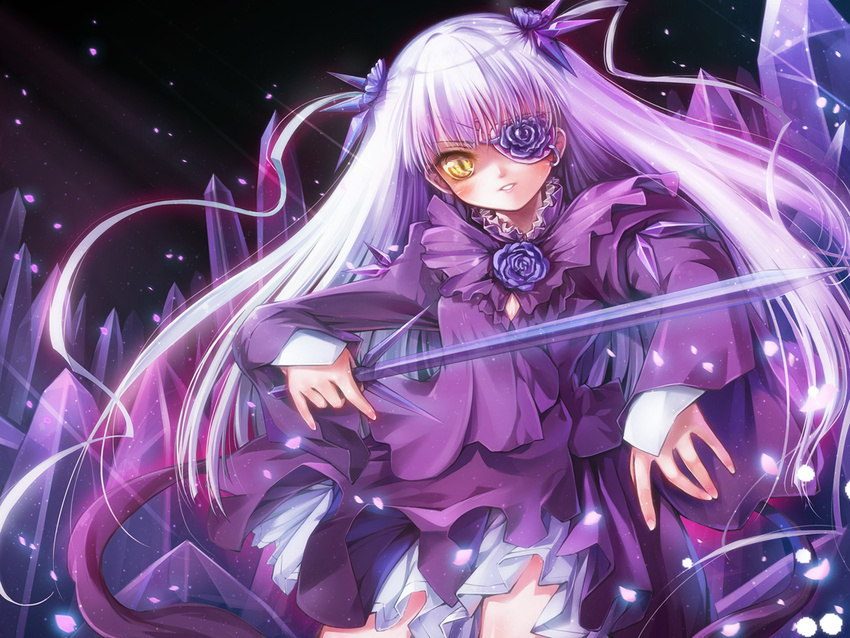 barasuishou blush dress eyepatch hair_ornament holding light_particles long_hair looking_at_viewer misaki_(kyal_001) rozen_maiden silver_hair solo sword twintails weapon yellow_eyes