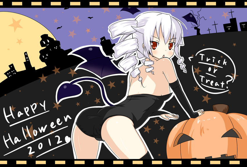 &gt;_&lt; 2012 :&lt; alternate_eye_color ass bare_shoulders black_sister blush bridal_gauntlets choujigen_game_neptune_mk2 closed_eyes cosplay demon_girl demon_tail demon_wings drill_hair english flat_chest halloween happy_halloween head_wings jin_kichi looking_at_viewer looking_back neptune_(series) open_mouth pumpkin red_eyes solo star tail thighhighs triangle_mouth trick_or_treat twin_drills white_hair wings