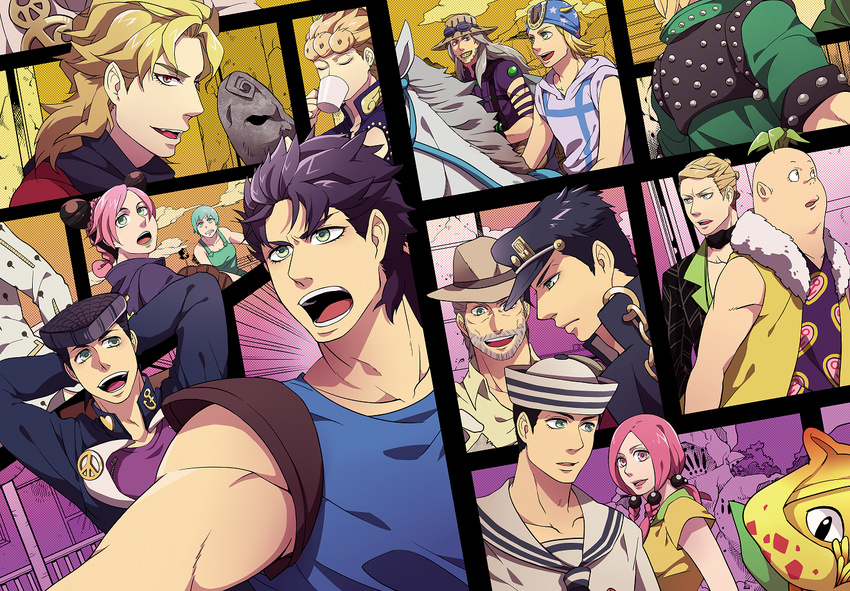 6+boys battle_tendency black_hair blonde_hair bruno_buccellati caesar_anthonio_zeppeli diamond_wa_kudakenai dio_brando dixie_cup_hat foo_fighters giorno_giovanna gyro_zeppeli hanaichi_(hana13) hat higashikata_jousuke higashikata_jousuke_(jojolion) hirose_yasuho johnny_joestar jojo_no_kimyou_na_bouken jojolion jonathan_joestar joseph_joestar kuujou_jolyne kuujou_joutarou military_hat multiple_boys multiple_girls nekogusa_(jojo) paneled_background pesci phantom_blood prosciutto stardust_crusaders steel_ball_run stone_mask_(jojo) stone_ocean vento_aureo