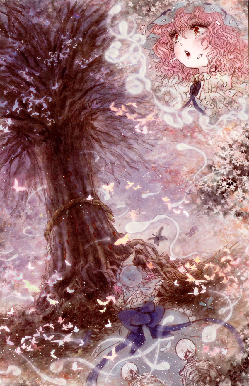 absurdres bare_tree bug butterfly cherry_blossoms comic doujinshi dutch_angle eyelashes flower from_behind ghost highres hitodama insect petals pink_hair rope saigyou_ayakashi saigyouji_yuyuko scan shimenawa short_hair silent_comic skeleton solo surprised takatora touhou tree