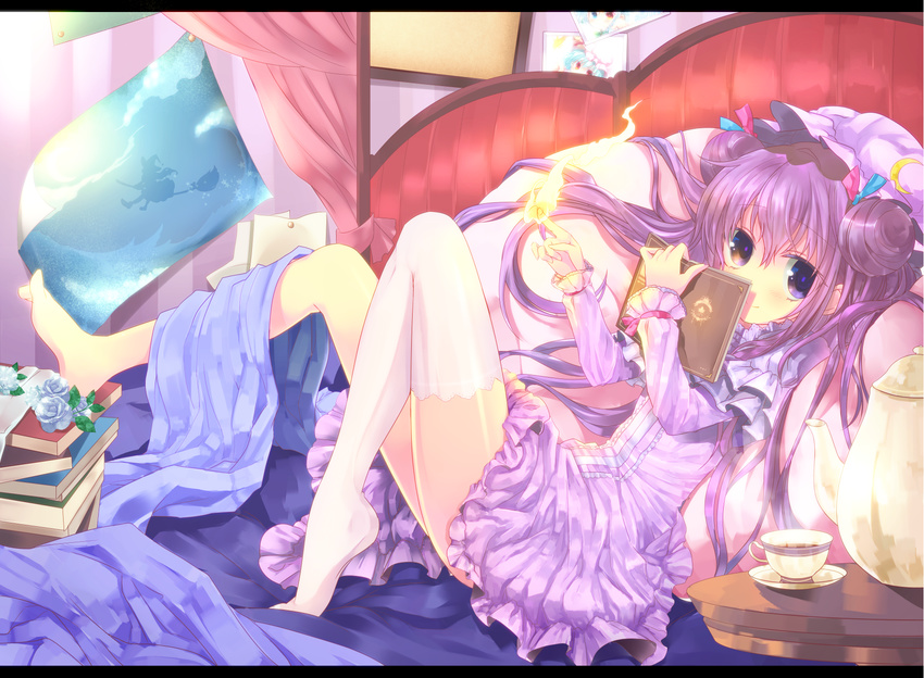 bed blush book crescent cup double_bun dress hat highres holding holding_book long_hair looking_at_viewer magic maryquant patchouli_knowledge pillow purple_eyes purple_hair saucer single_thighhigh sitting solo teacup teapot thighhighs touhou white_legwear
