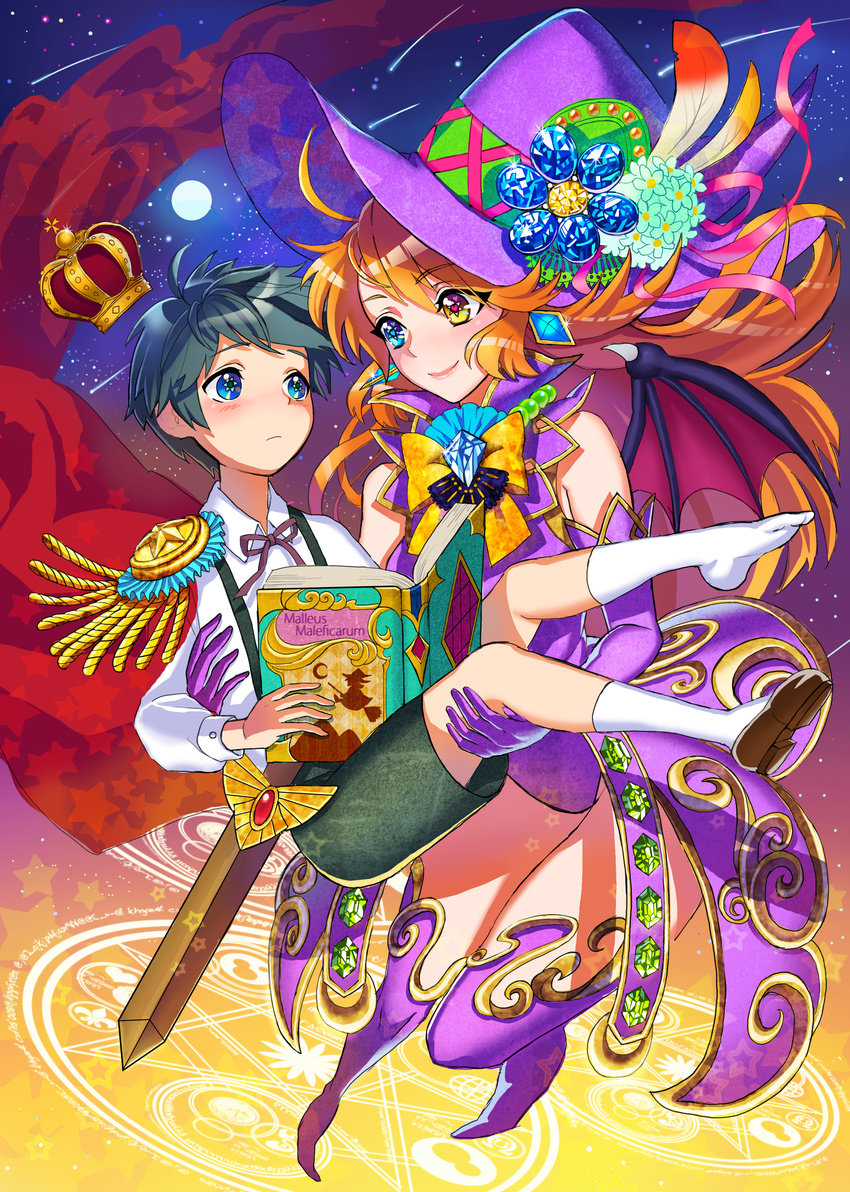 1girl absurdres ahoge blue_eyes blush book boots carrying crown demon_wings earrings feathers green_hair hat heterochromia highres jewelry moon orange_hair original shoes single_shoe smile star sword teffish thigh_boots thighhighs weapon wings witch_hat yellow_eyes