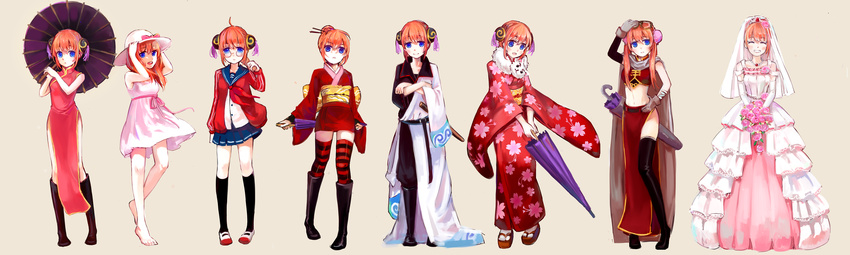 absurdres ahoge alternate_costume alternate_hair_length alternate_hairstyle barefoot black_legwear blue_eyes boots bouquet bridal_veil bun_cover cardigan china_dress chinese_clothes collage costume_chart crop_top crossed_arms double_bun dress elbow_gloves flower gintama gloves goggles goggles_on_head grin hair_ornament hat highres japanese_clothes jewelry kagura_(gintama) kimono knee_boots kneehighs long_hair long_skirt meng_qi miniskirt multiple_girls necklace obi okobo orange_hair pleated_skirt sandals sash school_uniform serafuku short_hair short_kimono side_slit simple_background skirt smile striped striped_legwear sun_hat sundress thighhighs umbrella veil wedding_dress white_gloves winter_clothes