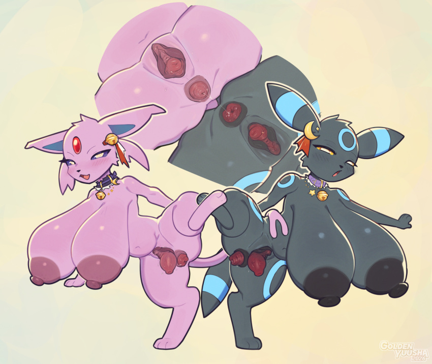 anal_prolapse anthro anus areola bell bell_collar big_areola big_breasts big_nipples black_body breasts cervix clitoris collar duo ear_clip eeveelution erect_clitoris espeon female female/female gaping gaping_vagina generation_2_pokemon genitals goldenyuusha hi_res huge_areola huge_breasts huge_nipples humanoid_genitalia humanoid_vulva loose_anus nintendo nipples pink_body pokemon pokemon_(species) presenting presenting_anus presenting_vulva prolapse raised_leg shiny_pokemon shortstack shortstack_female spread_anus spread_legs spread_vulva spreading umbreon uterine_prolapse vaginal_prolapse vulva