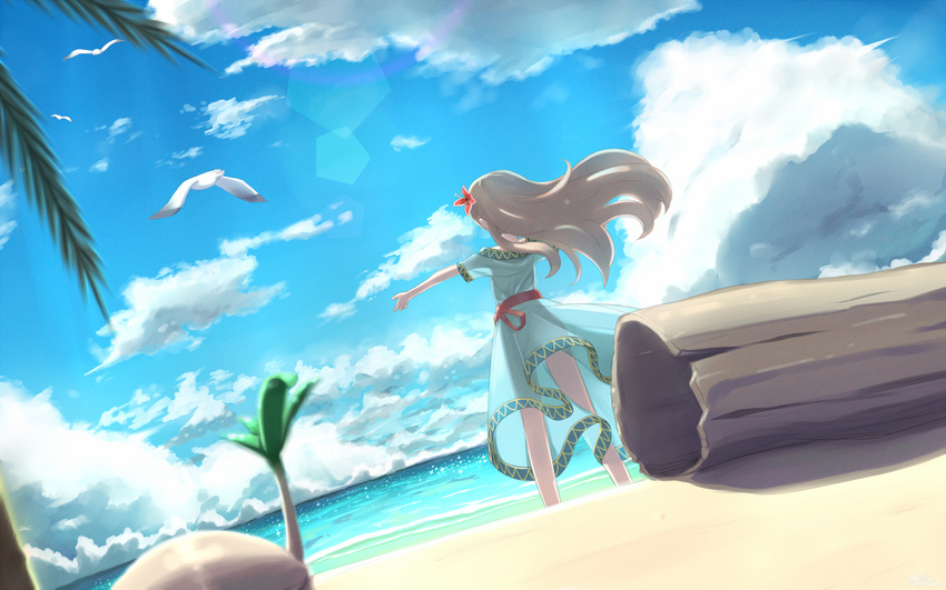 beach bird blue_dress blue_sky brown_hair cloud coconut day dress dutch_angle facing_away highres lens_flare log long_hair marin_(the_legend_of_zelda) mille ocean outdoors seagull sky solo standing sundress sunlight the_legend_of_zelda the_legend_of_zelda:_link's_awakening translucent