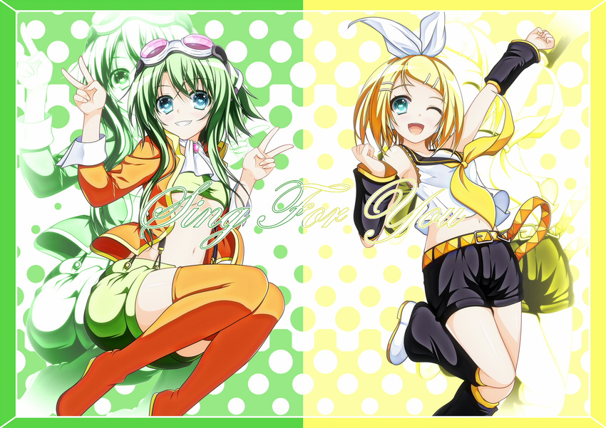 bad_id bad_pixiv_id blonde_hair boots girls_century goggles goggles_on_head green_eyes green_hair grin gumi hair_ornament hair_ribbon hairclip highres jacket kagamine_rin looking_at_viewer megpoid_(vocaloid3) multiple_girls one_eye_closed open_mouth ribbon short_hair shorts smile suspenders thigh_boots thighhighs v vocaloid