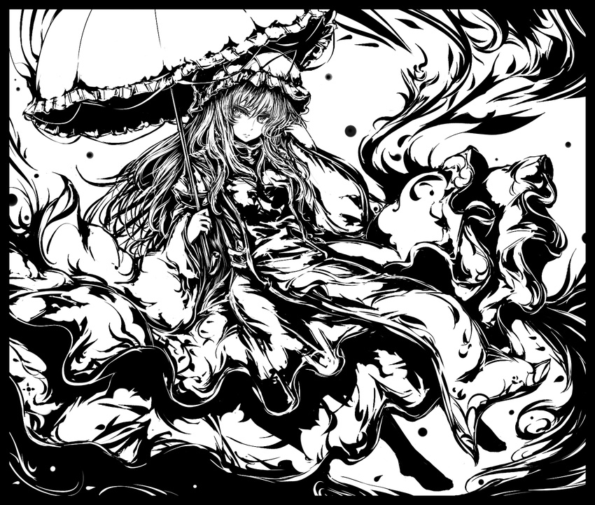 acryl dress greyscale highres long_hair monochrome parasol solo touhou umbrella yakumo_yukari