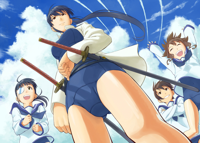 black_hair brown_eyes brown_hair cloud condensation_trail day eyepatch grin jacket kitagou_fumika long_hair military military_uniform multiple_girls one-piece_swimsuit open_clothes open_jacket open_mouth ponytail rikizo sakamoto_mio school_swimsuit school_uniform short_hair smile strike_witches swimsuit sword takei_junko uniform wakamoto_tetsuko weapon world_witches_series younger