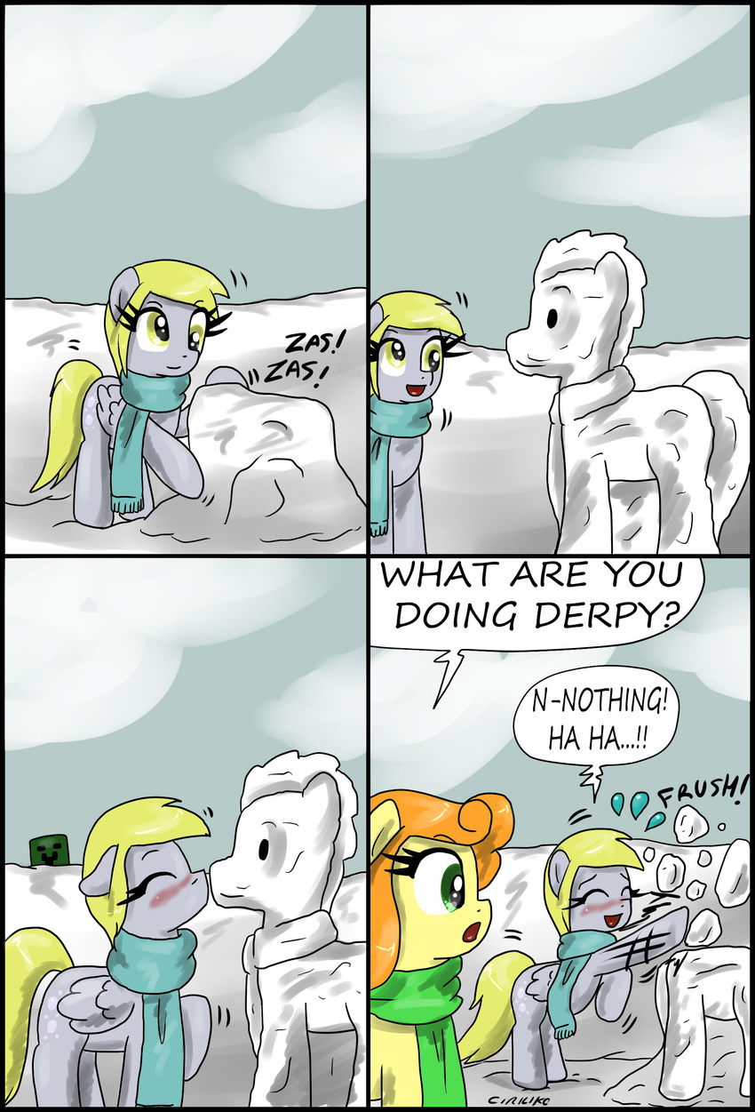 blush carrot_top_(mlp) ciriliko comic creeper cutie_mark derp_eyes derpy_hooves_(mlp) dialog dialogue doctor_whoof_(mlp) doctor_whooves_(mlp) english_text equine female feral friendship_is_magic green_eyes hair horse kissing mammal minecraft my_little_pony orange_hair outside pegasus pony scarf snow snowman text video_games wings yellow_eyes