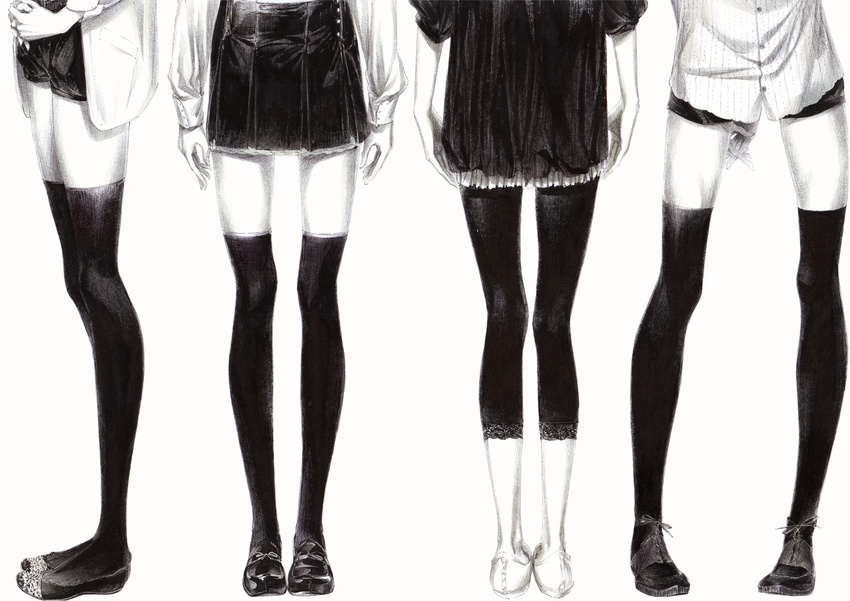 ankles arms_behind_back black_legwear close-up dress fine_fabric_emphasis from_behind greyscale leggings legs loafers lower_body monochrome multiple_girls original pumps shirt shoes short_shorts shorts simple_background skirt sousou_(sousouworks) standing thighhighs waist_down white_background zettai_ryouiki