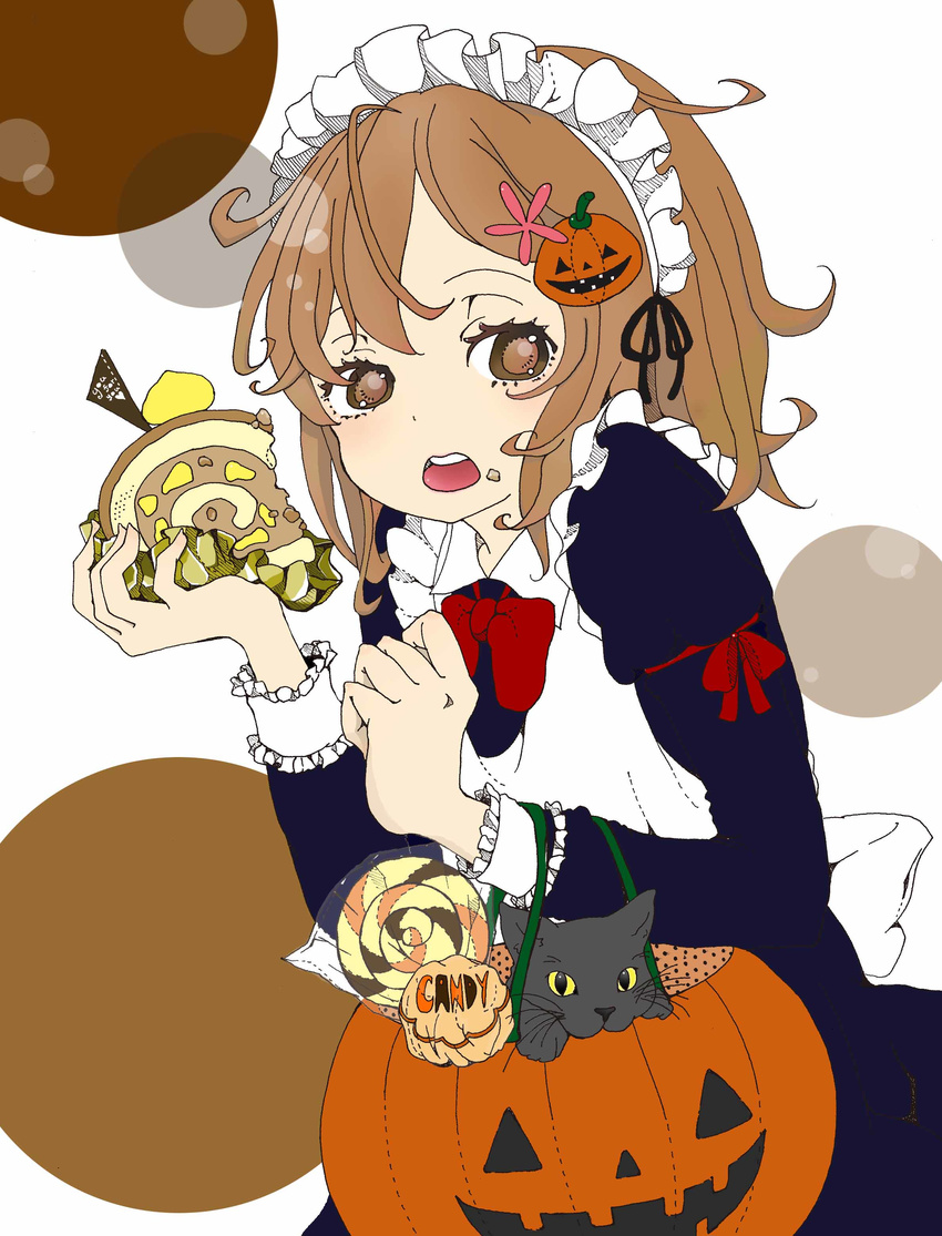 1girl absurdres blush boku_wa_tomodachi_ga_sukunai brown_eyes brown_hair candy cat eating hair_ornament halloween har_flower highres jack-o'-lantern jack-o-lantern kusunoki_yukimura maid maid_headdress open_mouth short_hair